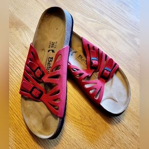 Red Birkenstock leather Betula sandals. Women's Size 10. Mens Size 8.